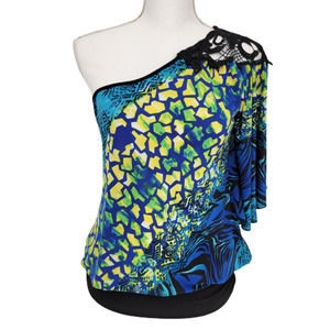Dots M Top One Shoulder Kimono Sleeve Band Ruch Hem Black/Blue